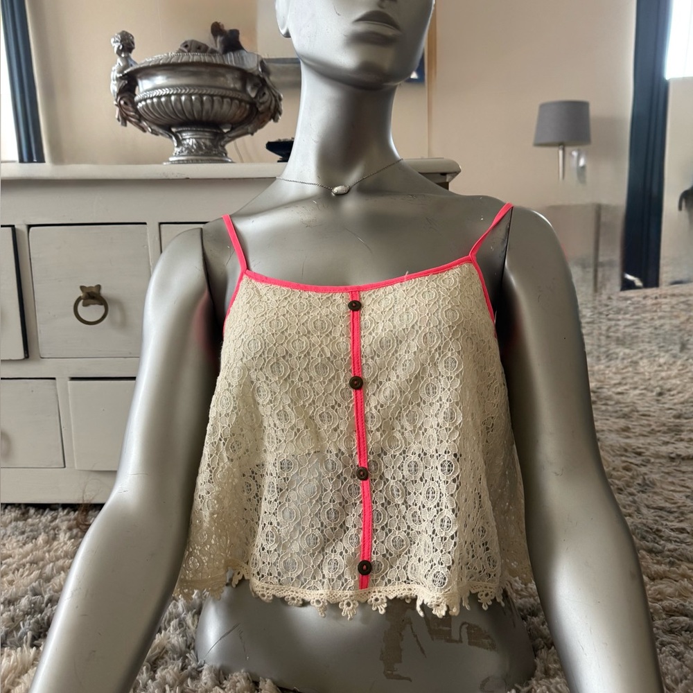 Paper Crane Cream Lace Crop Top with Pink Accents